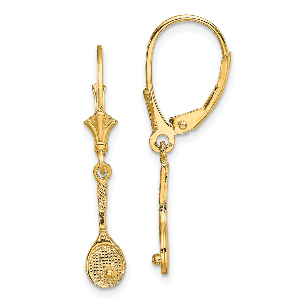 Million Charms 14k Yellow Gold Tennis Racquet w/ Ball Leverback Earrings